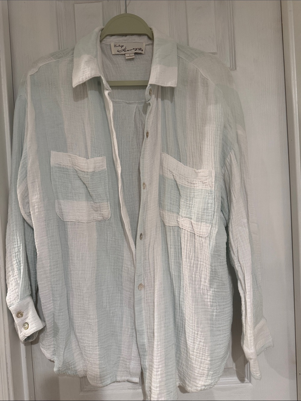 Vintage Havana Light Blue and White Striped Gauze Button-Up Blouse